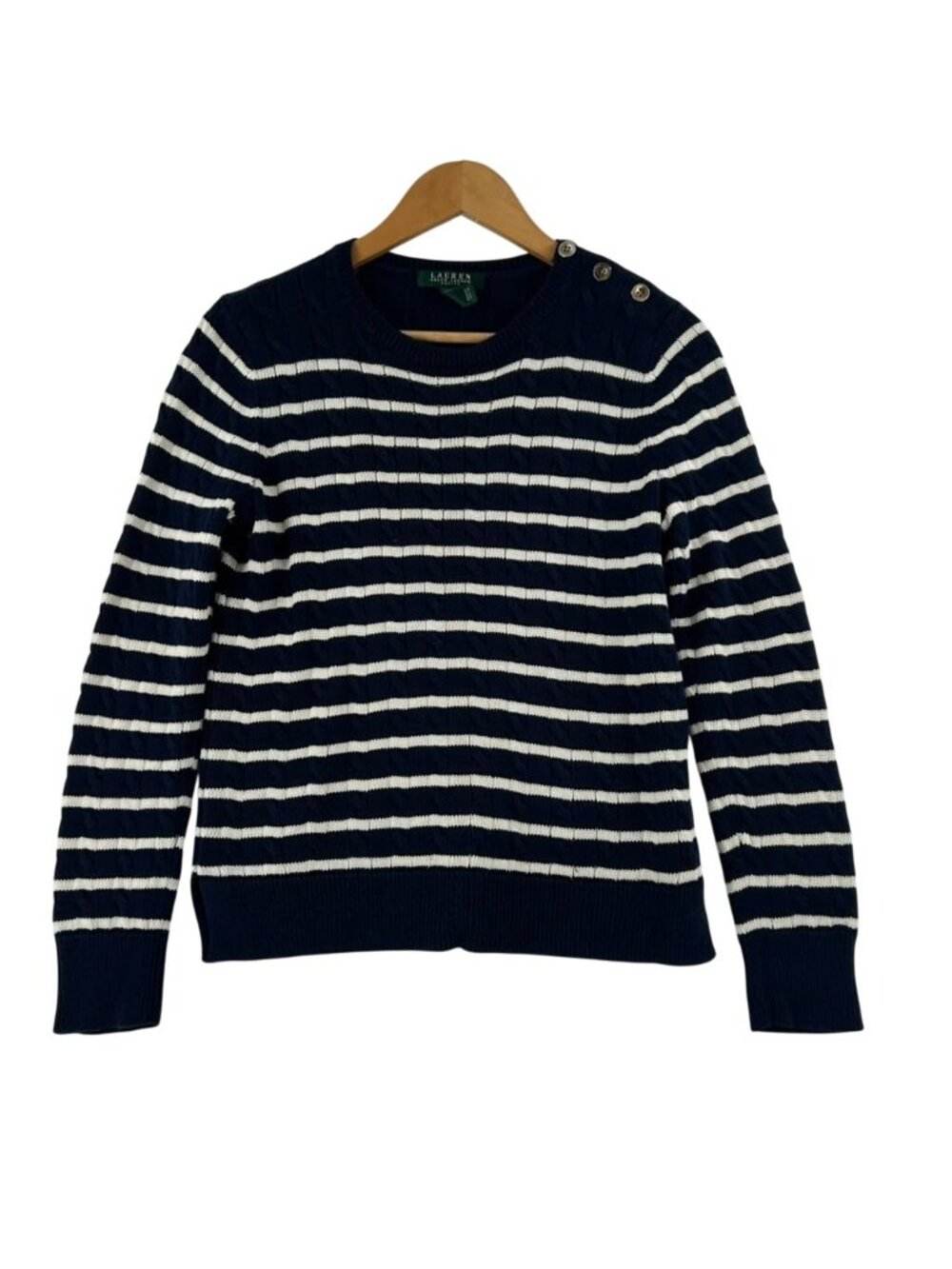 Lauren Ralph Lauren Sweater Women's PM Blue Striped Cable Knit Button Shoulder